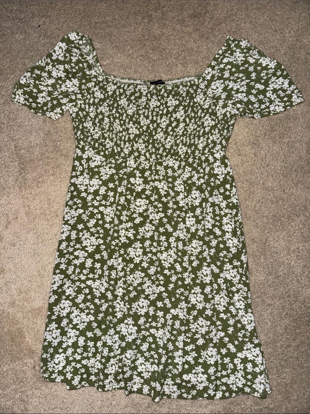 Olive Green Floral Mini Dress with Square Neck